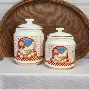 Vintage set 2 Ceramic Canister/Storage Jars Nesting Hen Chicken with Eggs Japan